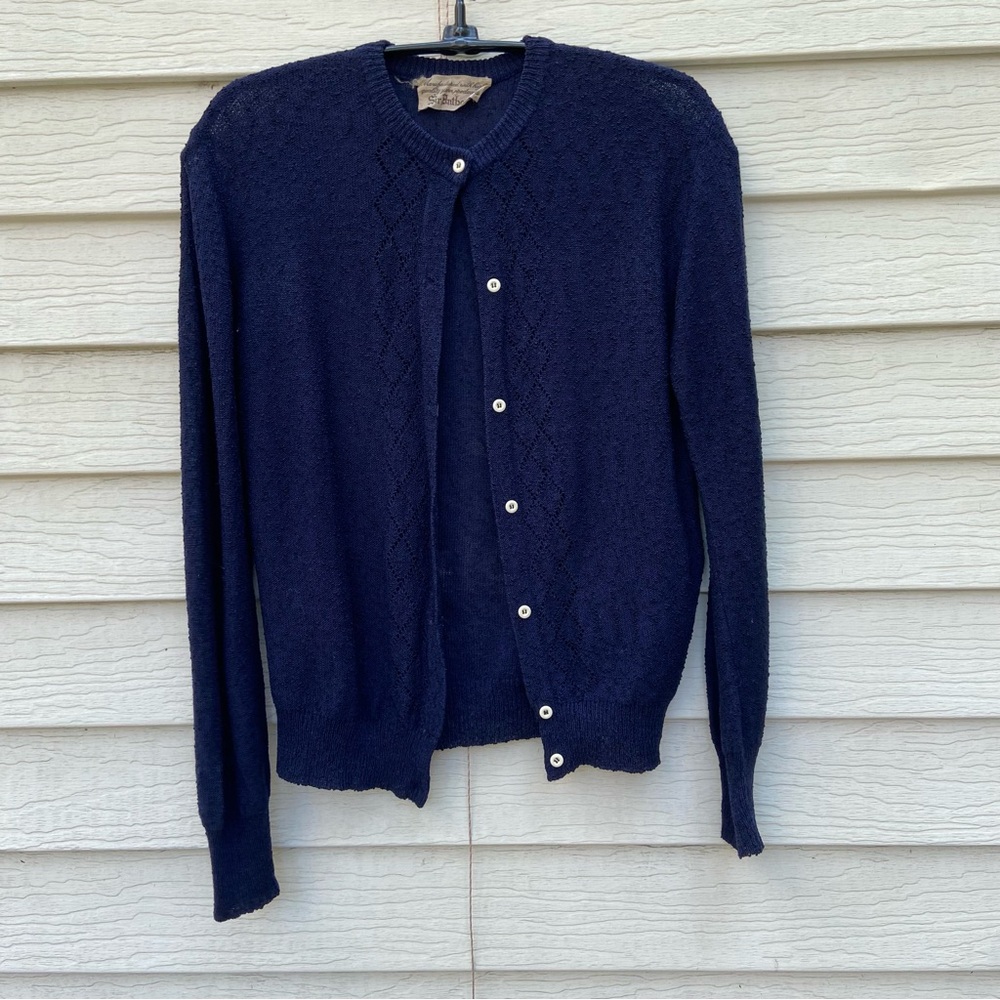 Classic Vintage Navy Blue Open Knit Cardigan Sweater